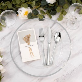 Goodluck 12 Inch Silver Charger Plates, 25 Pack Clear Charger Plates, Disposable Charger Plates, Plastic Charger Plates for Dinner, Wedding, Party
