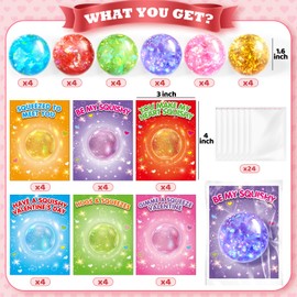 SpringFlower Valentines Day Cards for Kids, 24 Pack Valentines Party Favors for Kids with Stretchy Balls Toys, Classroom Valentines Exchange Gifts, School Classroom Valentine's Prizes