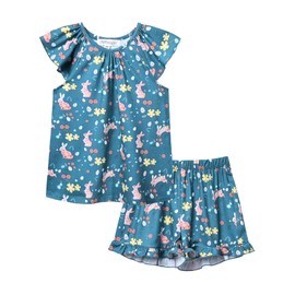 Conjunto de pijama para niñas, manga con vuelos, suave, pijama de 4 a 13 años, Huevos de conejo azul marino Y87, 8-9 Años