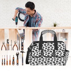 Pawprints 14 Pockets Tool Bags Heavy Duty Wide Mouth Tool Tote Bag Pouch Black White Tool Organizer Bag with Adjustable Strape for Men Women 14.8 Inches