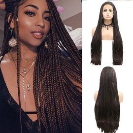 Angle Lucky Brown Braided Wig for Women Synthetic Long Dark Brown Box Braided Lace Front Wig Heat Resistance Pre Plucked Soft Braids Cosplay Makeup Party (26, Dark Brown)