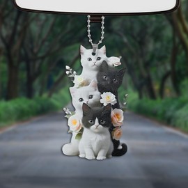 Cute Cat Car Mirror Hanging Accessories - 2D Flat Acrylic Kitten Christma Tree Ornament Decoration Car Rear View Mirror Charm - Car Interior Rearview Pendant Funny Cat Themed Present for Cat Lovers