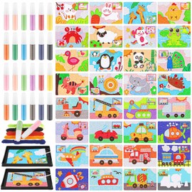 Tenceur 60 Pcs Kids' Sand Art Kits Color Sand Art Pictures Peel and Stick 12 Color Kit 32 Pcs Painting Board 2 Painting Tray 2 Brush 24 Bottles(Animal World and Transportation)