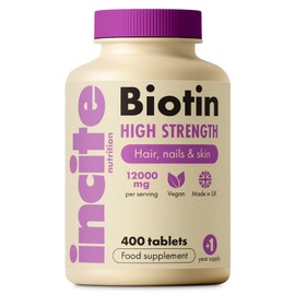 Incite Nutrition Biotin Hair Growth Support Supplement 12,000mcg - 400 Tiny 6mm Tablets (Full Year Plus Supply) - for Men & Women