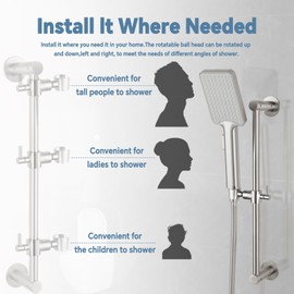 Shower Slide Bar Adjustable Handheld Shower Head Holder Wall Mount - 15inch All-Metal Shower Head Slide Bar Compatible with Bathroom Drill Free Glue Installation - Brushed