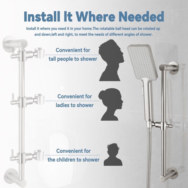 Shower Slide Bar Adjustable Handheld Shower Head Holder Wall Mount