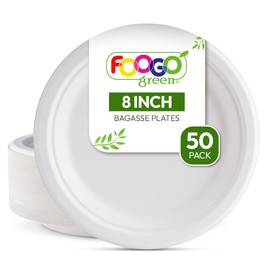 FOOGO Green 50 Disposable Sugarcane Bagasse Plates, 8 inch (20 cm), Medium Round Strong Paper Plates, Eco Friendly Biodegradable, Compostable Plates for Hot Food, Picnic Party Plates