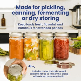 Wallaby 32oz Wide Mouth Clear Mason Jars with Lid & Seal Bands - Airtight Glass Container for Canning, Pickling, Food Storage, Candles, Home Decor, Overnight Oats, Fruit, Jam, Jelly, or DIY (4-Pack)