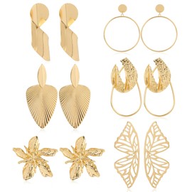 XSDSLS 6 Pairs Gold Statement Earrings Big Gold Geometric Exaggerated Earrings Vintage Big Drop Earring Set Ginkgo Butterfly Lotus Leaf Dangle Earrings Boho Statement Earrings for Women Girls (Set2)