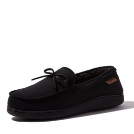 Dearfoams Men's Indoor Outdoor Breathable Pierce Moccasin Slipper, Black, 11-12