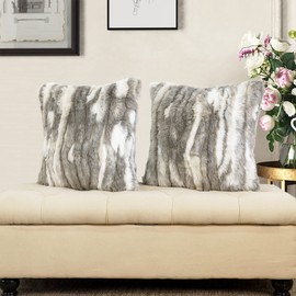 BYTIDE Jacquard Faux Fur Decorative Square Throw Pillow Covers 20 x 20 Inches Set of 2, Furry Fluffy Plush Soft Luxury Cushion Case Pillowcase for Couch Bed Car Bedroom Living Room, Grey White