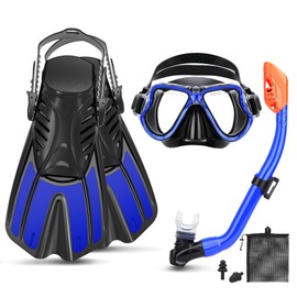 CTSAYTL Snorkeling Gear for Kids Ages 6-14, 4 in 1 Kids Mask Fins Snorkel Set with Panoramic View Anti Fog Mask, Dry Top Snorkel, Trek Fins and Travel Bag, Kids Snorkel Set for Youth Teens Junior