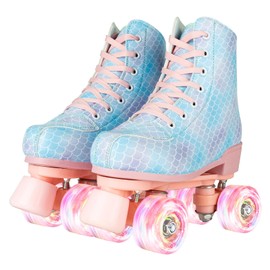 Hurber Roller Skates for Women,Girls Shiny Mermaid Rollerskates High Top Outdoor Indoor Skates for Adults Youth Kids (Pink flash wheel,US:5)