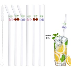 6 Pack Reusable Glass Straws, Glass Drinking Straws with Cherry Design, 3pcs Straight Glass Straws and 3pcs Curved Glass Straws