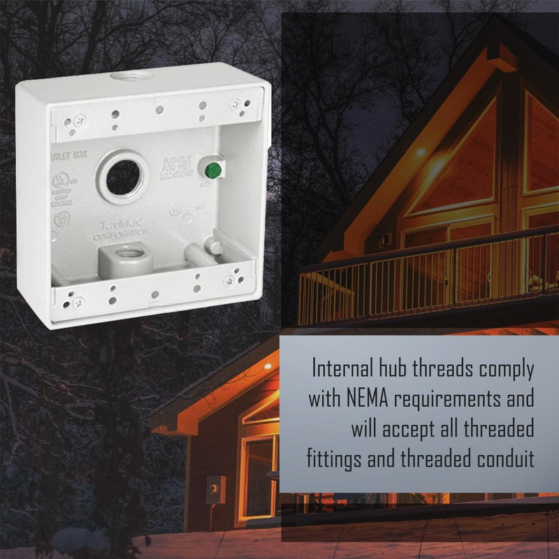 TayMac DB375WH 3/4-Inch 3 Hole 2-Gang Weatherproof Box, 3/4-Inch Outlets,