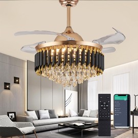 YOLIZUOT 36" Dimmable Black and Gold Crystal Chandelier with Fan, Gold Fandelier Ceiling Fans with Lights and Remote Modern Retractable Blade Ceiling Fans for Dinning Room Living Room Kitchen