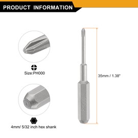 QUARKZMAN PH000 Phillips Screwdriver Bit 5/32 Inch Hex Shank 35 mm / 1.38 Inch Length Magnetic Cross Head Hex Bits S2 Steel Bit Set for Electric Screwdrivers Cordless Screwdriver Pack of 5