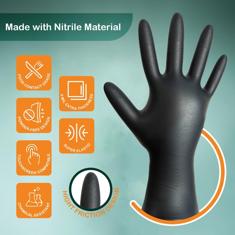 MiraPak Black Nitrile Disposable Gloves 6 Mil Extra Strength, Food-Safe,Latex