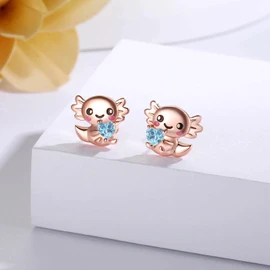 Sterling Silver Axolotl Stud Earrings Hypoallergenic Adorable Axolotl Earrings Stud Cute Animal Jewelry Gifts for Friend Daughter Women (March), Normal, Sterling Silver, Cubic Zirconia
