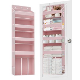 TAHAVICE 1 PC Over the Door Diaper Organizer with 1 Large Capacity Caddy, 4 Shelf & 10 Mesh Side Pockets, Baby Stuff Hanging Caddy Storage and Newborn Essentials Closet Organizer for Nursery, Bedroom