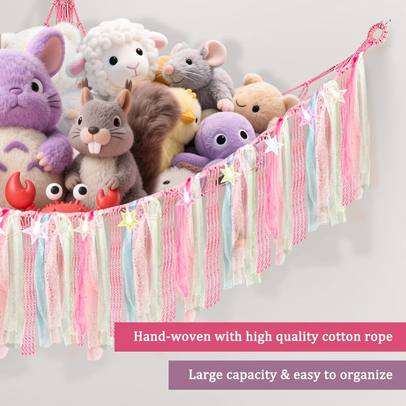Teddy Hammock with LED Light, Boho Decor Plush Toy Storage