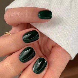 Dark Green Press on Nails Short Square Fake Nails Glazed False Nails Solid Color Acrylic Nails Press ons Artificial Nails Full Cover Glossy Glue on Nails Stick to Nails for Women Decorations 24 Pcs