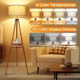 OUTON Wood Tripod Floor Lamp with Shelves, Mid Century Floor Lamp with Remote Control, 4 Color Temperature, LED Modern Dimmable Standing Lamp for Living Room, Bedroom, Office, Walnut & Gold