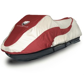EliteShield Trailerable Jet Ski Cover, Heavy Duty Waterproof Marine Grade 600D Solution-Dyed Polyester PWC Cover, Fits from 103" to 115" 1 or 2 Seater, Two Tone Red/Gray Color