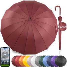Royal Walk Large Windproof Umbrella for 2 People, 54 Inch, Dark Red, Aluminum Frame, 16 Ribs, Wooden Handle, Auto Open, Carry Sleeve, 2 Years Replacement Guarantee