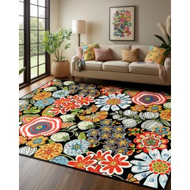 RELEANY Area Rugs 9x12 Floral Rug, Washable Botanical Flower Carpet, Non Slip, Print Pattern, Low Pile Carpet for Living Room, Bedroom, Kitchen, Dining Room, Nursery, Playroom, Indoor-Red/Orange