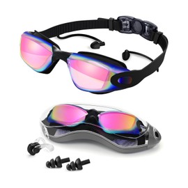 Victoper Adult Swimming Goggles Men & Women One-piece Earplugs Anti-fog Swim Goggles Provide UV Protection Swimming Goggles for Adult Leak-free Experience During Swimming Black+Pink