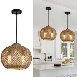 HUAHENGHAO 1 Pack 13.78Inch Rattan Pedan Light, 2-Lights Boho Chandelier Farmhouse Hand-Woven Rattan Pendant Lights Kitchen Island Bedroom Living Room Foyer Hallway
