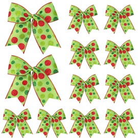 HESUSLA 12 Pcs Red Green Christmas Bows,6 Inch Large Christmas Wreaths Bows for Tree Gift Wrapping Garland, Xmas Decoration Holiday Wedding Party Crafts Tree Ribbon Ornaments (Glitter dot-Green)