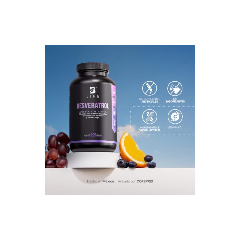 B Life Resveratrol 200 Cápsulas Antioxidante con Pimienta Negra