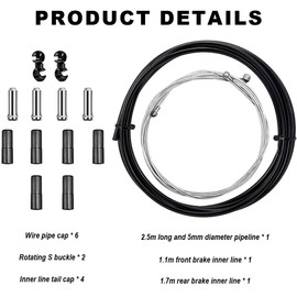 MOLIMOLI Brake Cable Bicycle 5 mm 2.5 m Bowden Cable Bicycle Handbrake Cable Kit with Stainless Steel Inner Wire for Front and Rear Brake, Includes End Caps and S-Hooks