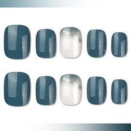 Press On Nails - Blue Glittery, Square Tip, Salon Quality Professional DIY Nails, Everyday Glossy Stick On Nails, Glue On Nails For Women and Girl Gift, Ready to Wear 24 Pcs Nail Kit, Reusable Fake Nails in 12 Sizes, Short Length Faux Nails.