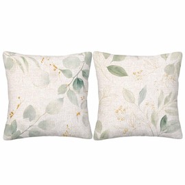 Botanical Plant Throw Pillow Covers Set of 2,Green Gold Floral Leaves Eucalyptus Decorative Pillow Case Home/Car Decor 18X18 Inches Two Pillowcases