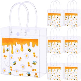 Geyoga 24 Pcs Bee Clear Gift Bag with Handle PVC Honey Birthday Party Goodie Treat Snack Bag Plastic Party Favor for Bee Themed Birthday Gender Reveal Baby Shower Decoration Supplies, 6.3 x 5.9 x 2.8