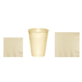 Baxters Party Bundles Bulk, Ivory, 100 Count 16 Ounce Plastic Cups, 100 Count Beverage Cocktail Paper Napkins, 100 Count Luncheon Paper Napkins, Pack Contains 300 Pieces Made in the USA