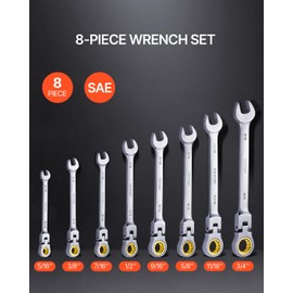 VEVOR Flex-Head Ratcheting Wrench Set, 8-piece Combination Wrench Set with Roll-up Pouch, Cr-V Steel Flexible Ratcheting Wrench Set SAE 5/16" to 3/4", Ideal for General Household, Workshop, Garage