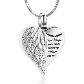 Minicremation Cremation Jewelry for Ashes Heart Urn Necklace Pendants Ashes for Women Men Keepsake Memorial Angel Wing with Charm Heart for Loved Ones (Silver-Your)