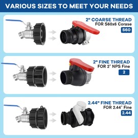 275-330 Gallon IBC Tote Hose Adapter - 3-Size IBC Tote Adapter Kit 2.44" Fine, 2" Fine, 2" Coarse Thread with 1/2" Male NPT Inlet × 3/4" Male GHT Outlet Stainless Steel Garden Hose Faucet