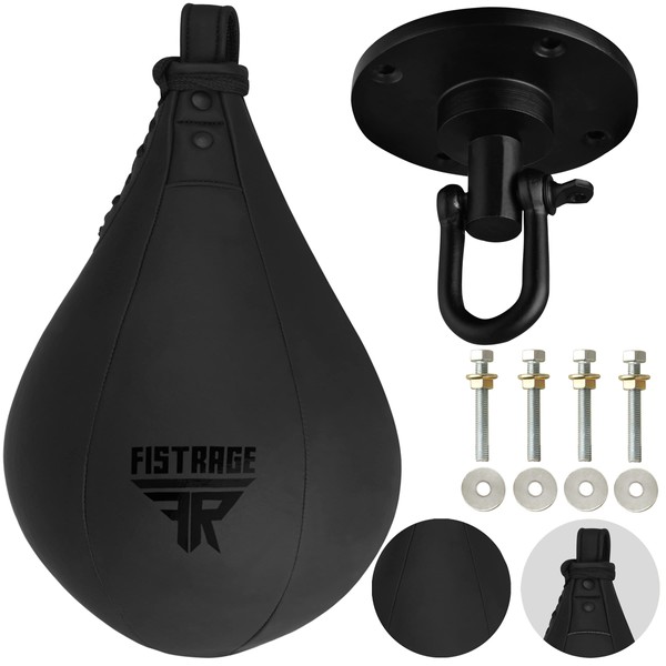 FISTRAGE Speed Ball Boxing Leather MMA Muay Thai Training Punching Dodge Striking Bag Kit Hanging Swivel Workout Speedball Kicking Platform (Black)