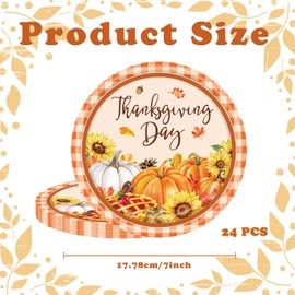RED-SHYN 24 Pcs Fall Paper Plates Party Decorations Thanksgiving Oval Harvest Paper Plates Pumpkin Orange Plaid Disposable Supplies for Thanksgiving Party Decor