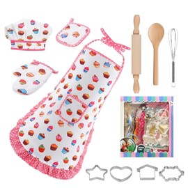 WEILAIDI 11PCS Kids Baking Set for Girls Ages 3-8, Toddler Chef Hat and Adjustable Apron Pretend Play Toys, Machine Washable Kitchen Cooking Set with Cookie Cutters, Gift for Little Chefs