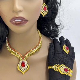 LifflyLadys Red Jewelry Sets for Women Bridal Wedding Guest Costume Accessories Austrian Crystal Big Teardrop Rhinestone Statement Necklace Gold Bracelets Earrings Ring Gifts for Women