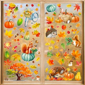 PHOGARY Fall Window Clings for Fall Decorations, 9 Sheets Thanksgiving Window Stickers Autumn Maple Leaf Pumpkin Decals Squirrel Rabbit Static Stickers for Thanksgiving Home School Glass Window