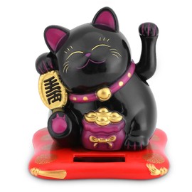 Gato de la Suerte Que agita el Brazo, Gato de la Suerte Chino con energía Solar, Figuras de Gatos pequeños coleccionables para el hogar, la Oficina y la decoración del Coche (Negro)