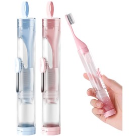 First-zgel 2 Packs Travel Toothbrush Kit Foldable Travel Size Built-in Toothbrushes Set,Including 2 Cleaner Head Soft Bristles for Travel Camping School Business Trip (Blue & Pink)