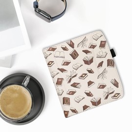 kwmobile Flip Case Compatible with Pocketbook Era/Era Colour - Front Compartment Wrist Strap - Books and Pages Beige Brown Gold